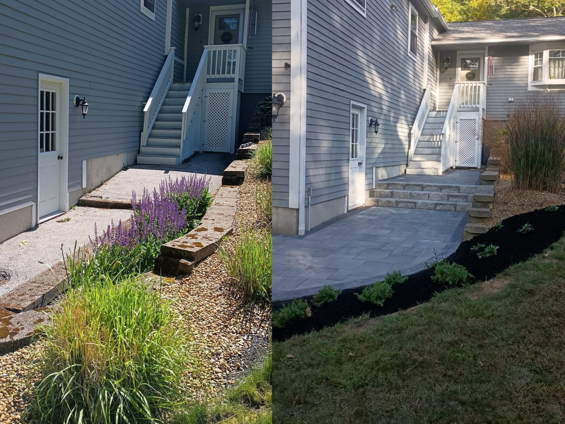 Wooden steps leading from a New England home to a flagstone landing surrounded by ferns