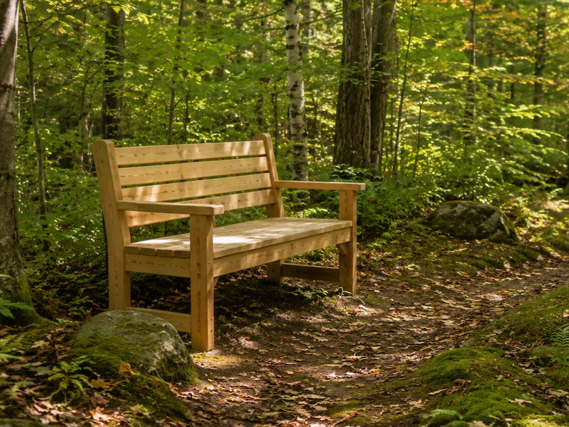 A simple wooden bench beside a moss-covered stone wall along a soft woodland path