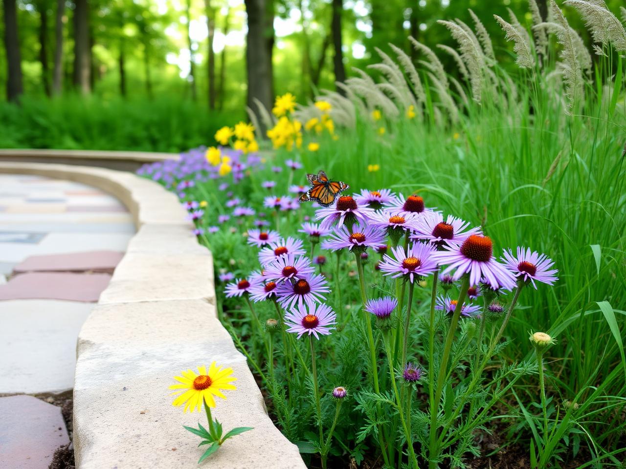 A pollinator garden of asters, goldenrod, and grasses along the edge of a stone patio