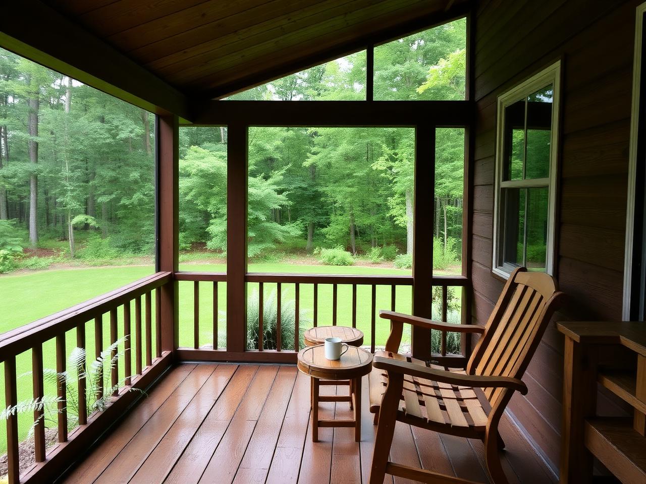 A quiet screened porch on a New Hampshire home overlooking the woods