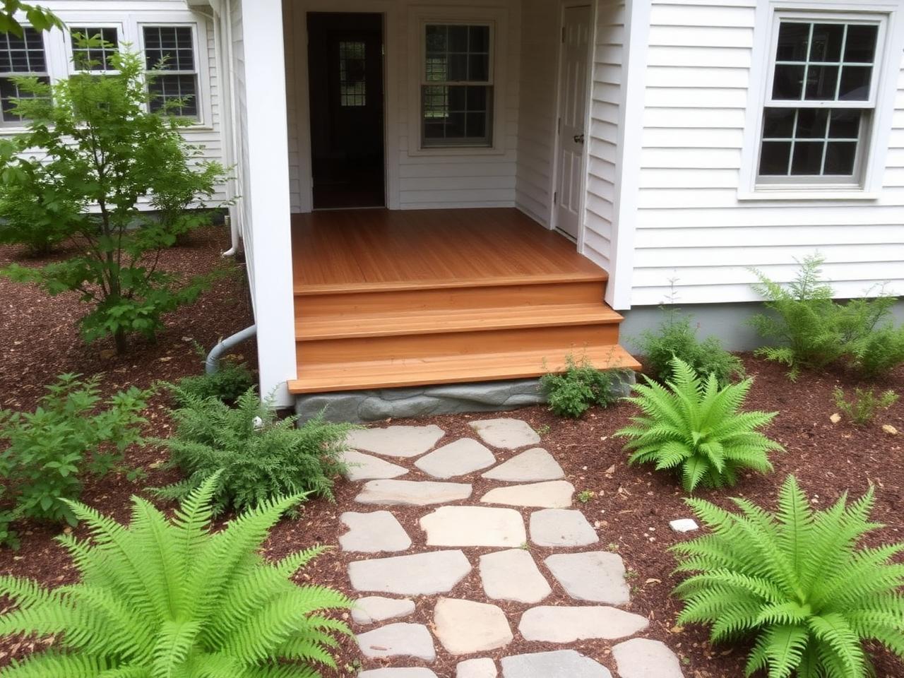 Wooden steps leading from a New England home to a flagstone landing surrounded by ferns