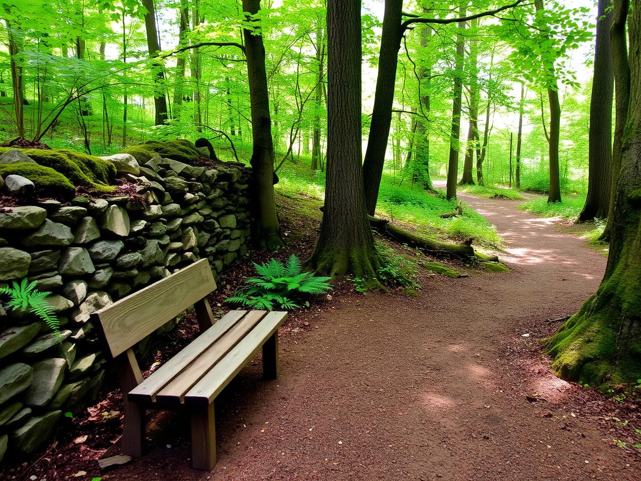 A simple wooden bench beside a moss-covered stone wall along a soft woodland path